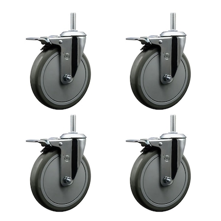 Service Caster 6 Inch Gray Polyurethane Swivel 58 Inch Threaded Stem Caster Set with Total Lock Brake SCC-TSTTL20S614-PPUB-58212-4